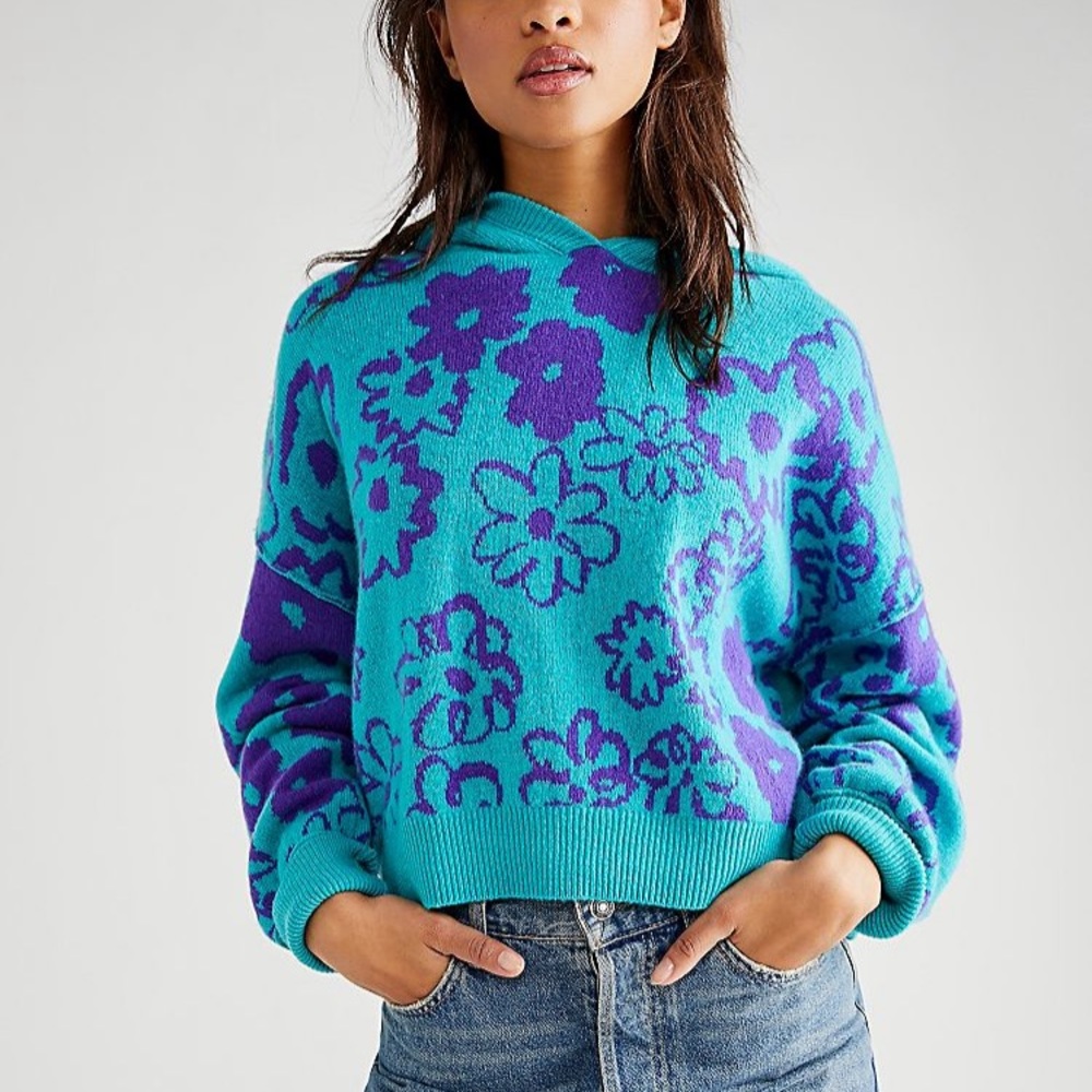 Free People Teal and Purple Floral Hooded Pullover Sweater